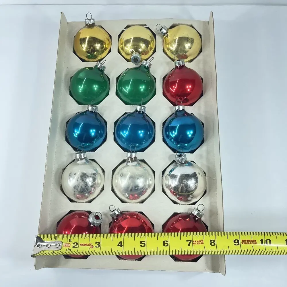 Vintage Pyramid Jumbo Glass Christmas Ornaments 15 ct USA 1970s Original w/Hooks